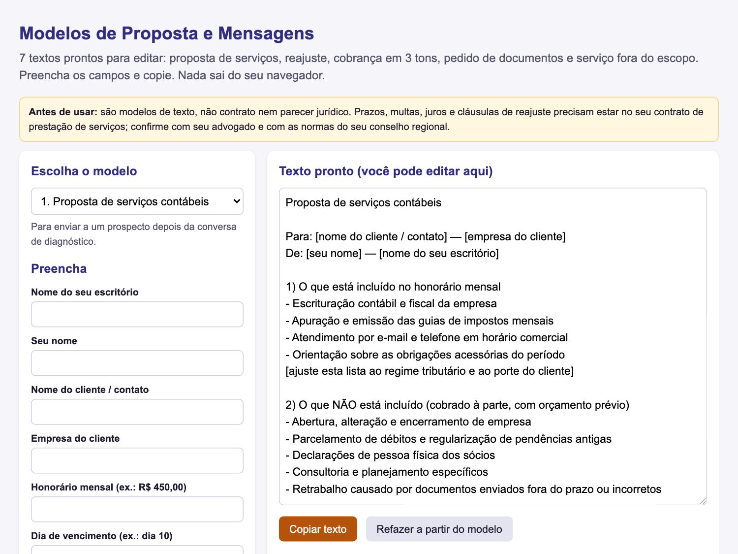 Modelos de proposta e mensagens com campos para preencher