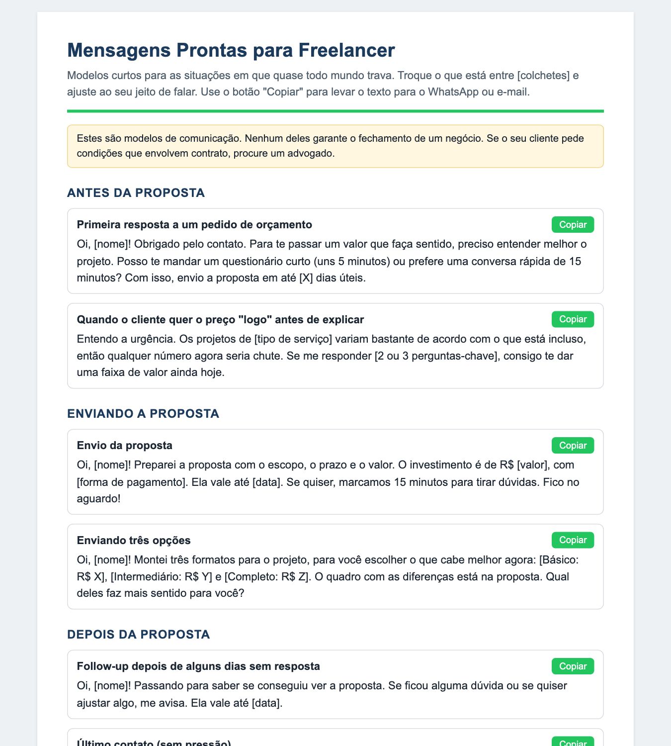 Mensagens prontas para freelancer com botão de copiar